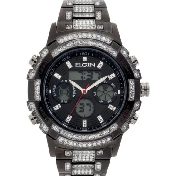 Mens Elgin Luxury Iced Simulated Diamond Anlog Digital Stainless